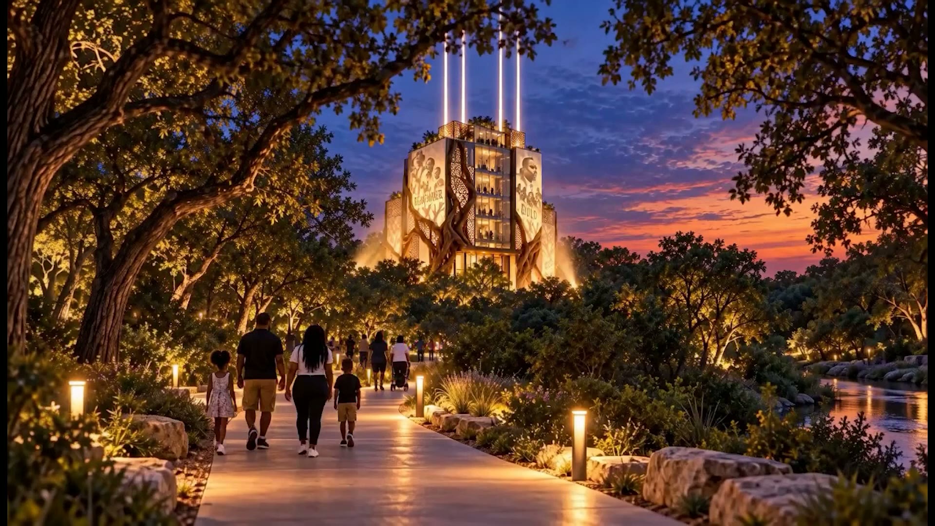 Roots Tower at dusk beyond a tree lined path, with visitors approaching its illuminated entrance